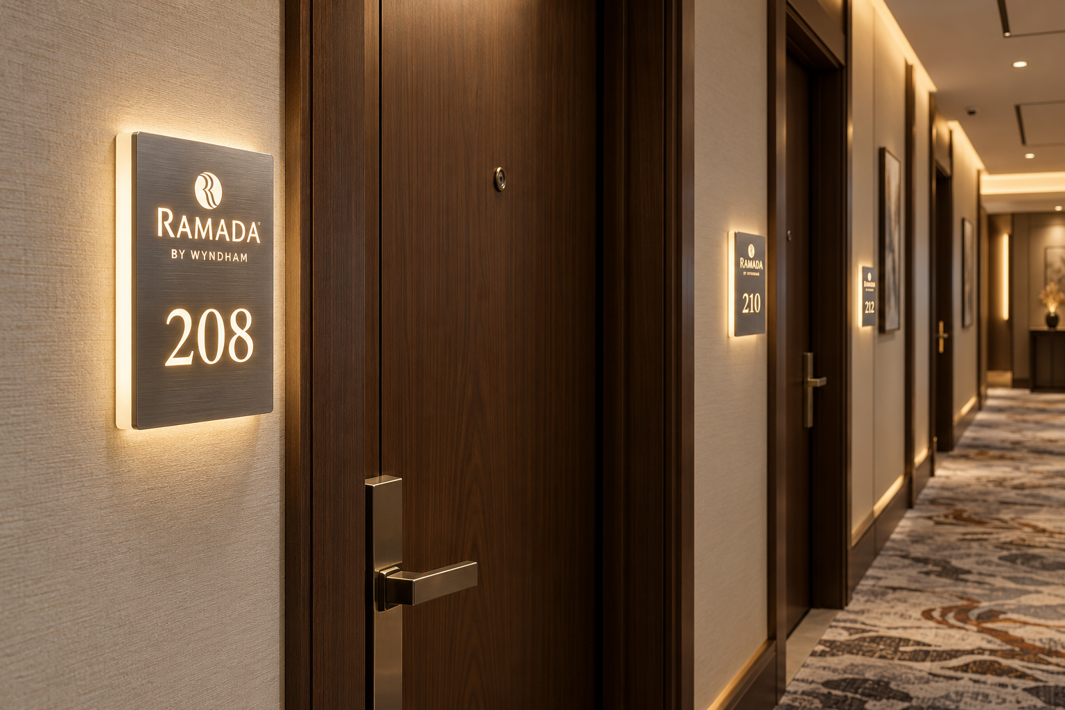 GT520 Ramada logolu oda numarası plakalarının yer aldığı temsili otel koridoru