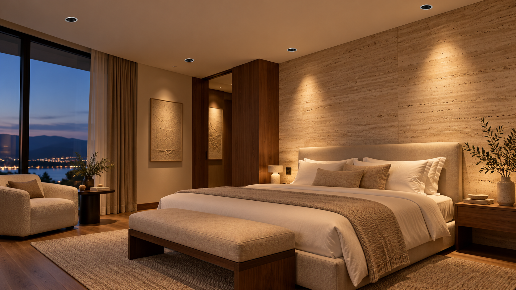 Derin optikli mimari spotlarla sıcak ışık alan otel odası