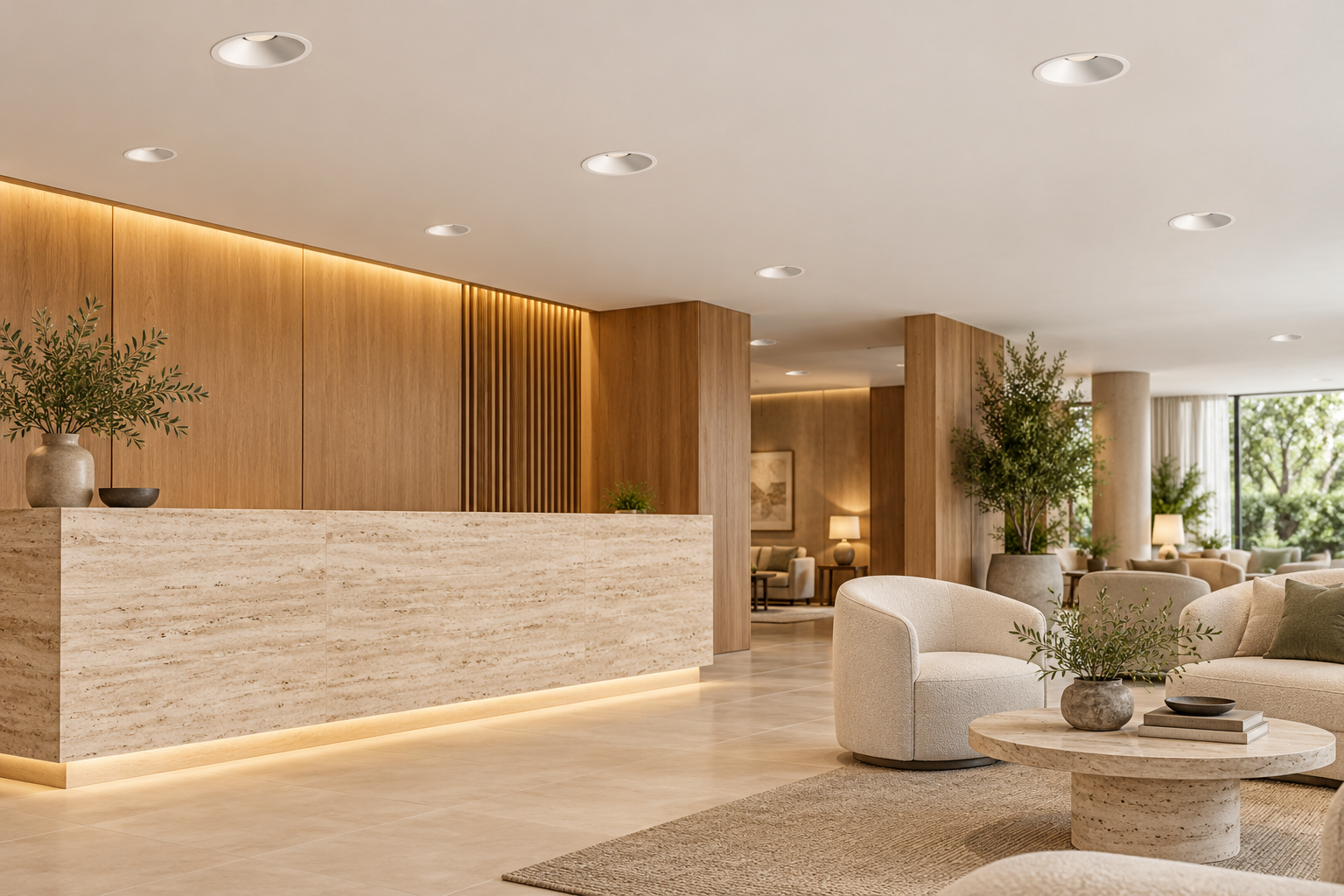 MKR-220 serisi beyaz çerçeveli ve gümüş reflektörlü downlightlarla aydınlatılmış otel lobisi, temsili uygulama